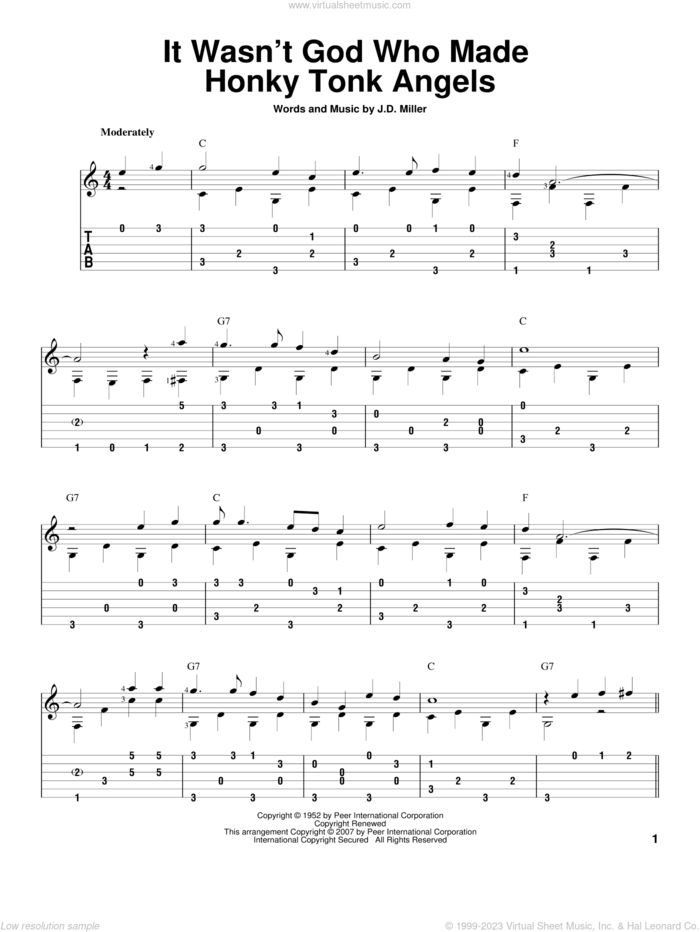 It Wasn't God Who Made Honky Tonk Angels sheet music for guitar solo by Kitty Wells, David Hamburger and J.D. Miller, intermediate skill level