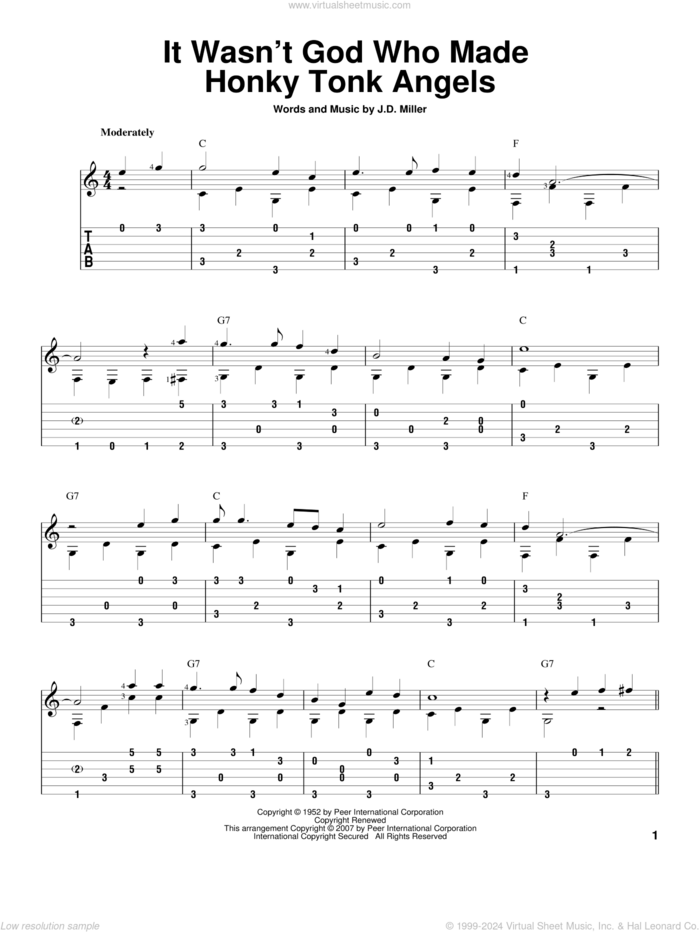 It Wasn't God Who Made Honky Tonk Angels sheet music for guitar solo by Kitty Wells, David Hamburger and J.D. Miller, intermediate skill level