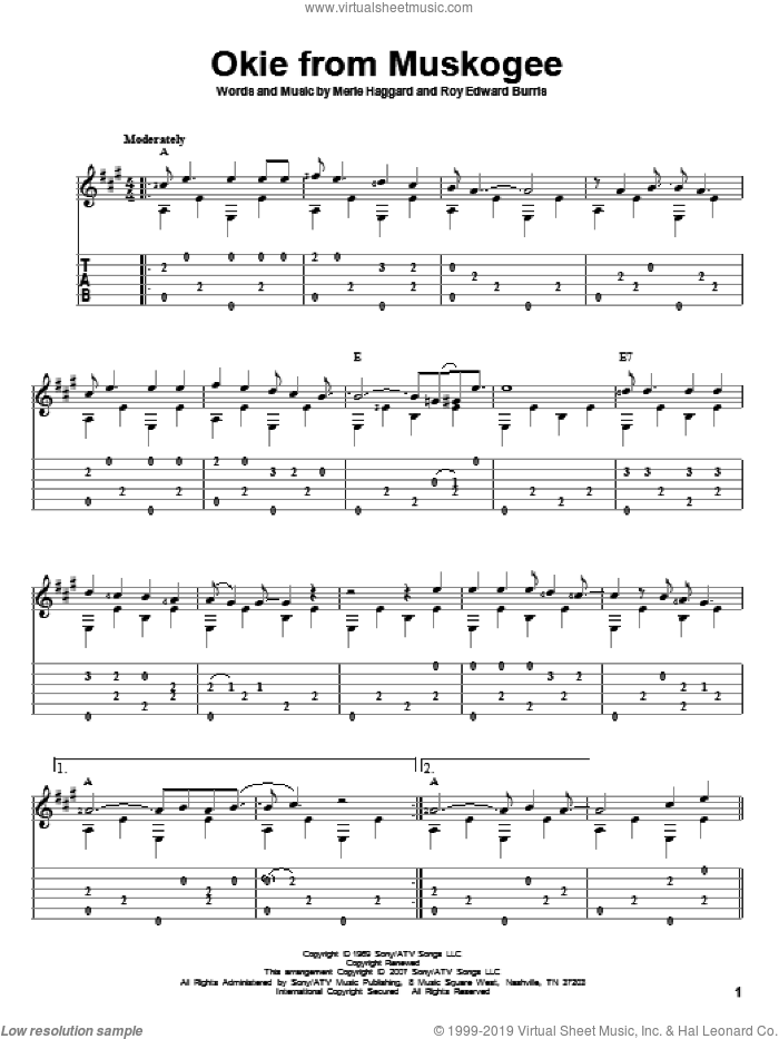 Okie From Muskogee sheet music for guitar solo by Merle Haggard, David Hamburger and Roy Edward Burris, intermediate skill level