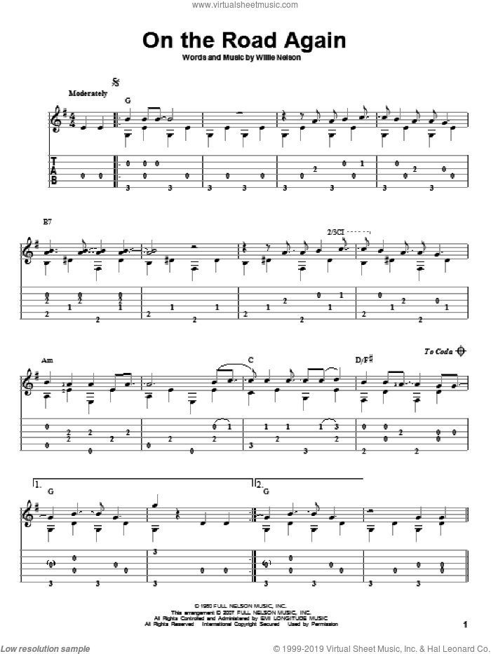 On The Road Again sheet music for guitar solo by Willie Nelson and David Hamburger, intermediate skill level
