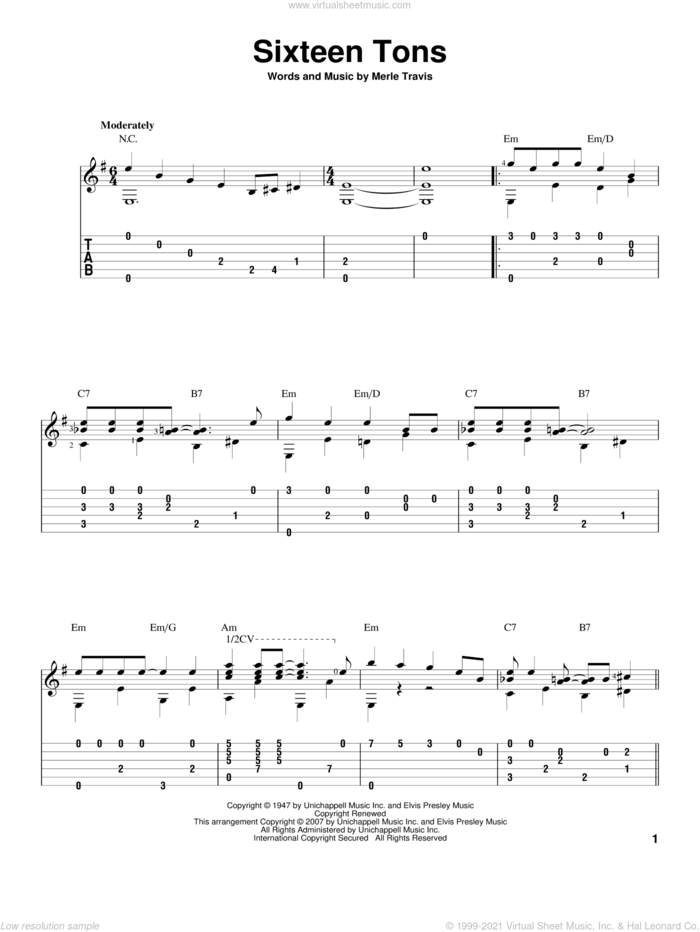 Sixteen Tons sheet music for guitar solo by Merle Travis, David Hamburger and Tennessee Ernie Ford, intermediate skill level