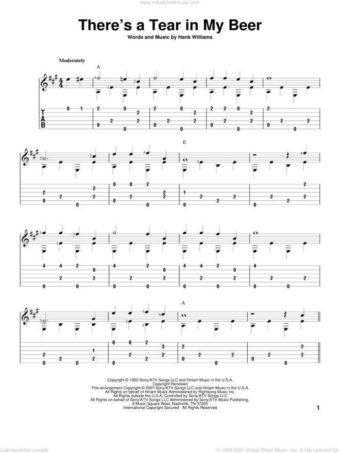 There's A Tear In My Beer sheet music for guitar solo by Hank Williams and David Hamburger, intermediate skill level