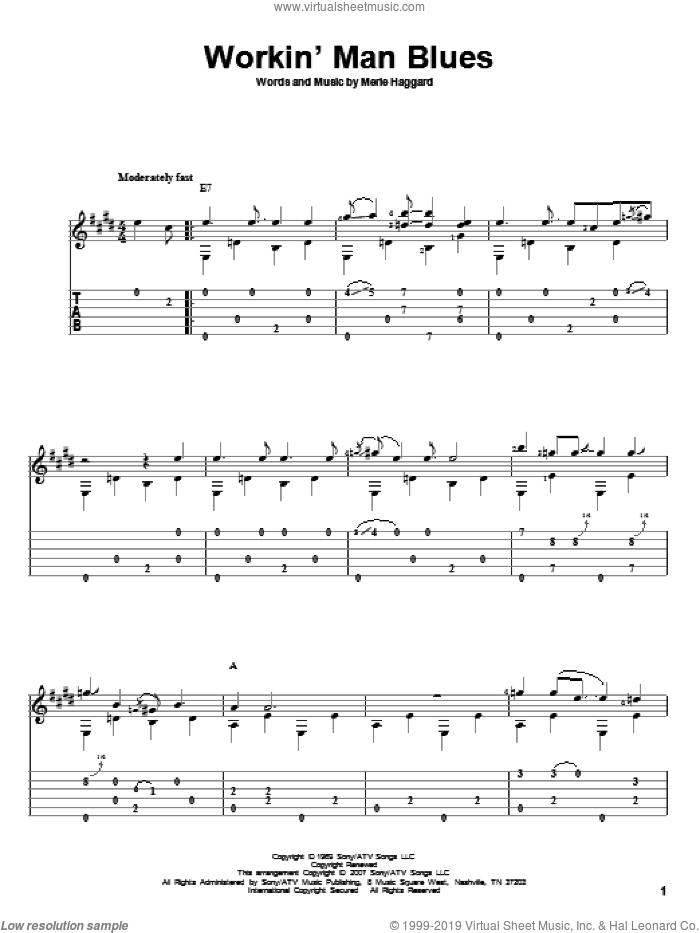 Workin' Man Blues sheet music for guitar solo by Merle Haggard, David Hamburger and Jed Zeppelin, intermediate skill level