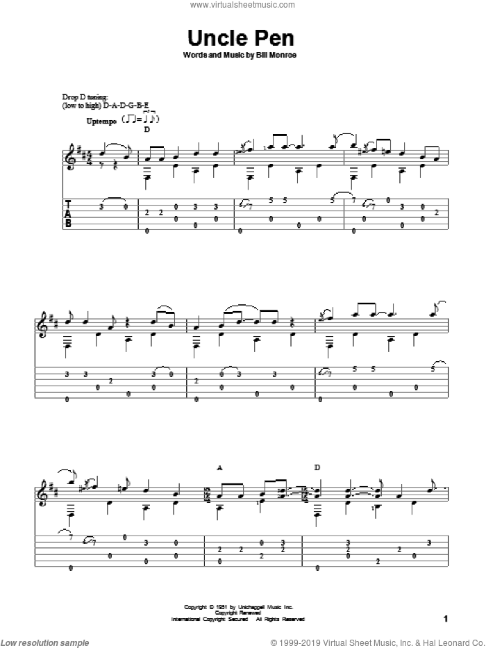 Uncle Pen sheet music for guitar solo by Bill Monroe, David Hamburger and Ricky Skaggs, intermediate skill level