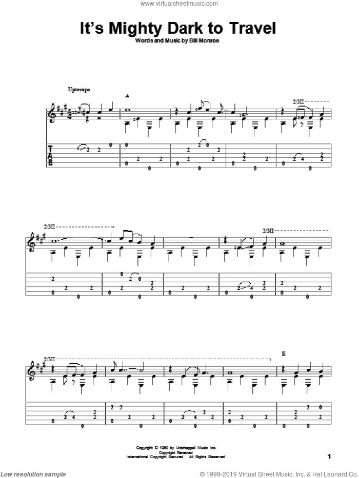 It's Mighty Dark To Travel sheet music for guitar solo by Bill Monroe and David Hamburger, intermediate skill level