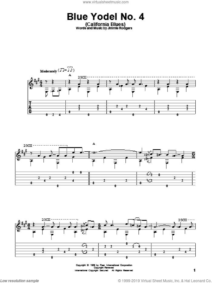 Blue Yodel No. 4 (California Blues) sheet music for guitar solo by Jimmie Rodgers and David Hamburger, intermediate skill level