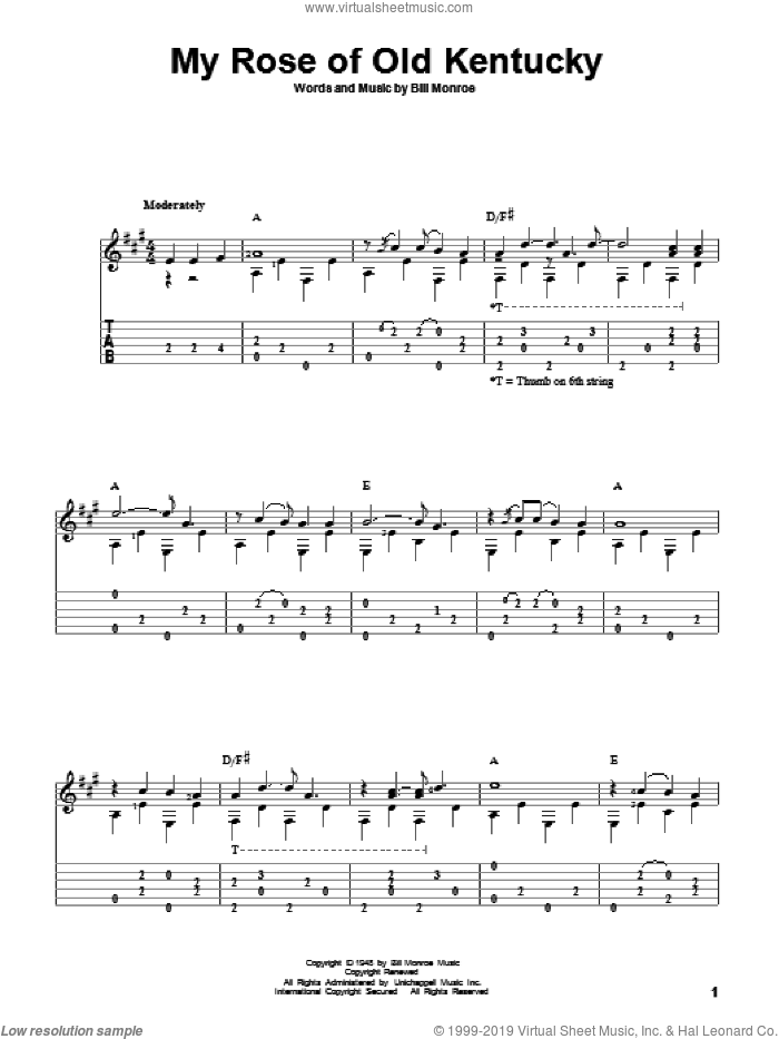 My Rose Of Old Kentucky sheet music for guitar solo by Bill Monroe and David Hamburger, intermediate skill level