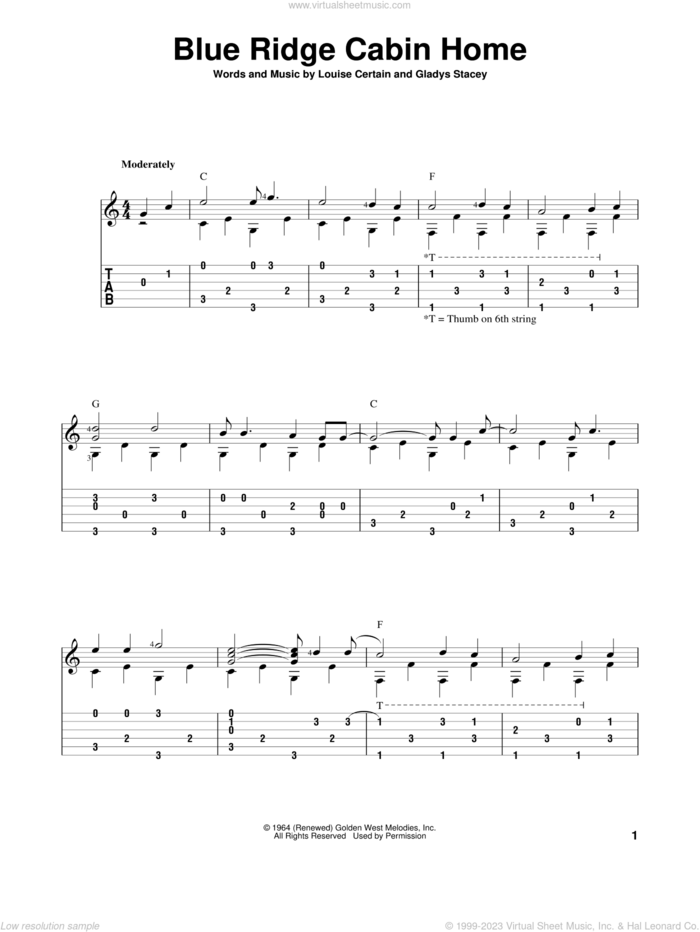 Blue Ridge Cabin Home sheet music for guitar solo (PDF)