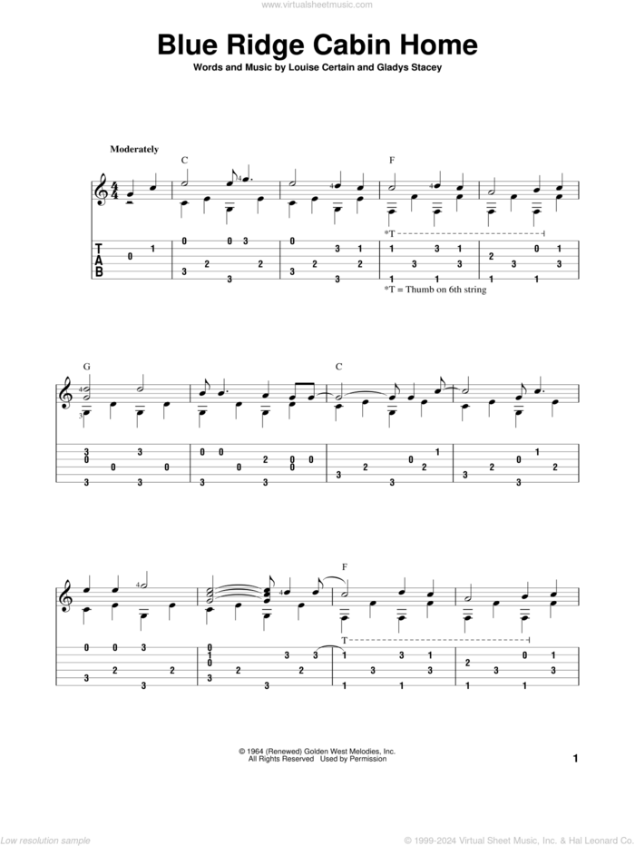 Blue Ridge Cabin Home sheet music for guitar solo by Flatt & Scruggs, David Hamburger, Gladys Stacey and Louise Certain, intermediate skill level