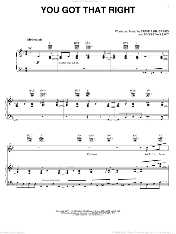 You Got That Right sheet music for voice, piano or guitar by Lynyrd Skynyrd, Ronnie Van Zant and Steve Gaines, intermediate skill level