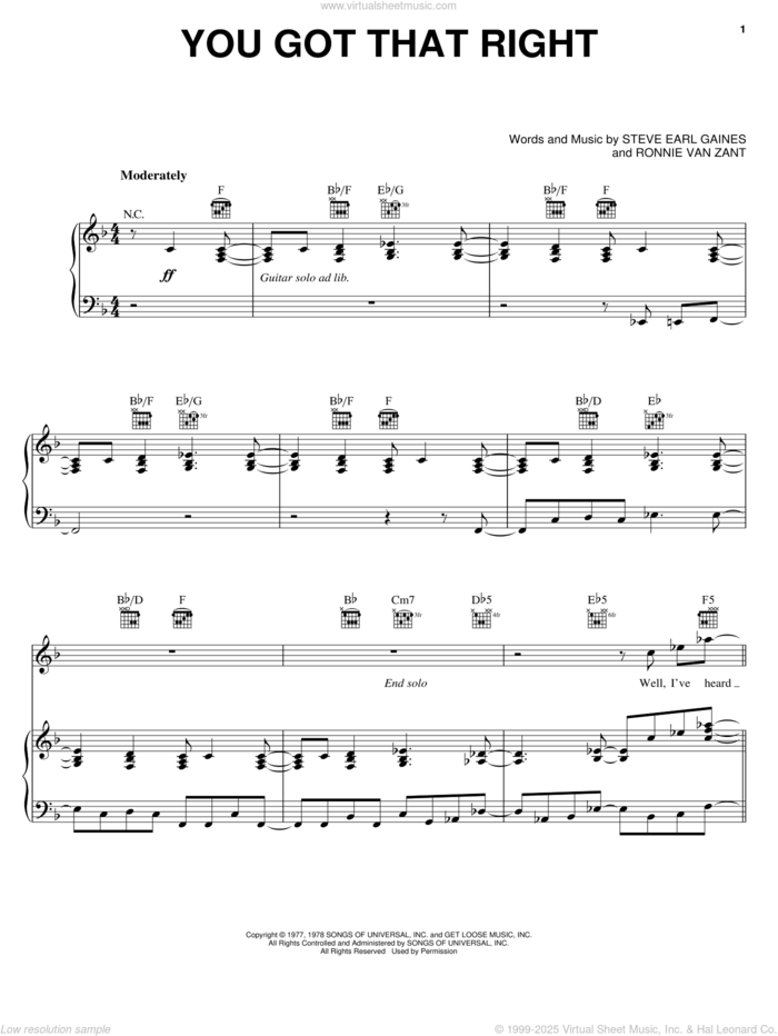 You Got That Right sheet music for voice, piano or guitar by Lynyrd Skynyrd, Ronnie Van Zant and Steve Gaines, intermediate skill level