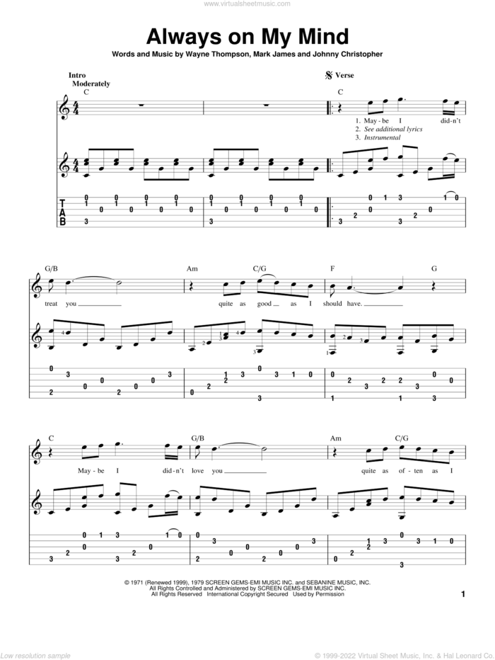 Always On My Mind sheet music for guitar solo by Willie Nelson, Johnny Christopher, Mark James and Wayne Thompson, intermediate skill level