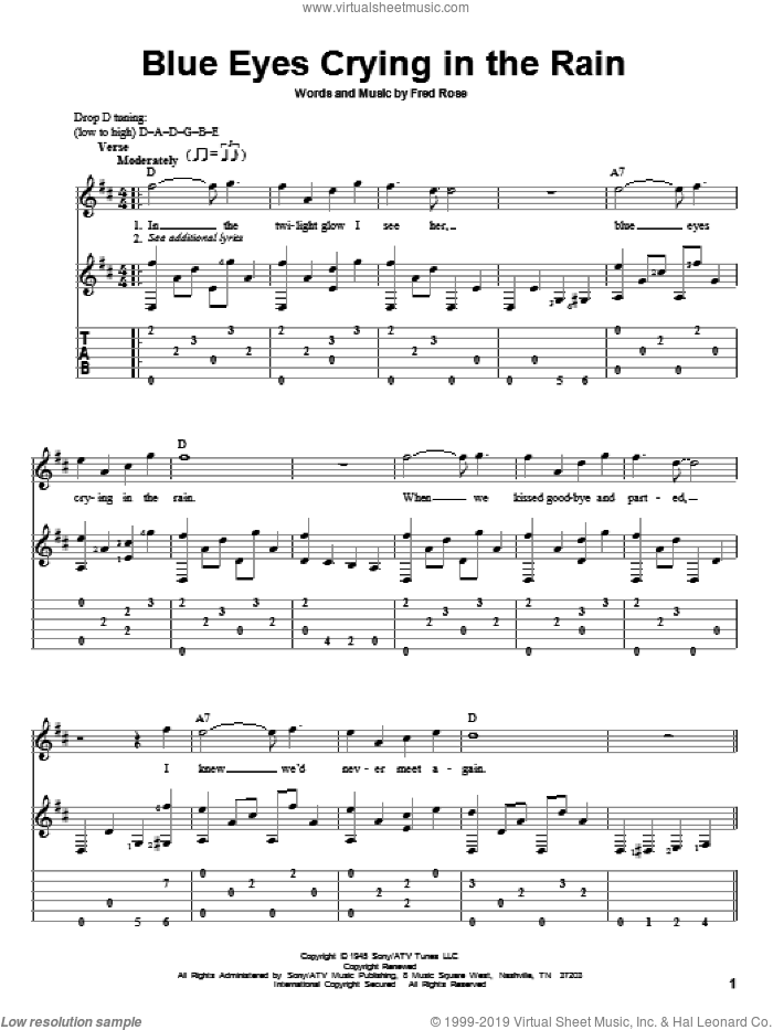 Blue Eyes Crying In The Rain sheet music for guitar solo by Willie Nelson and Fred Rose, intermediate skill level