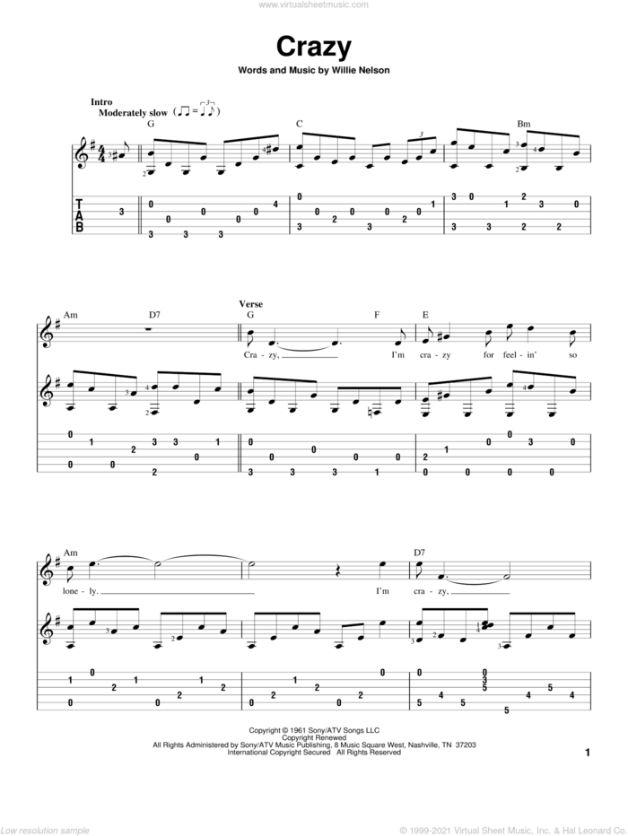 Crazy sheet music for guitar solo by Willie Nelson and Patsy Cline, intermediate skill level