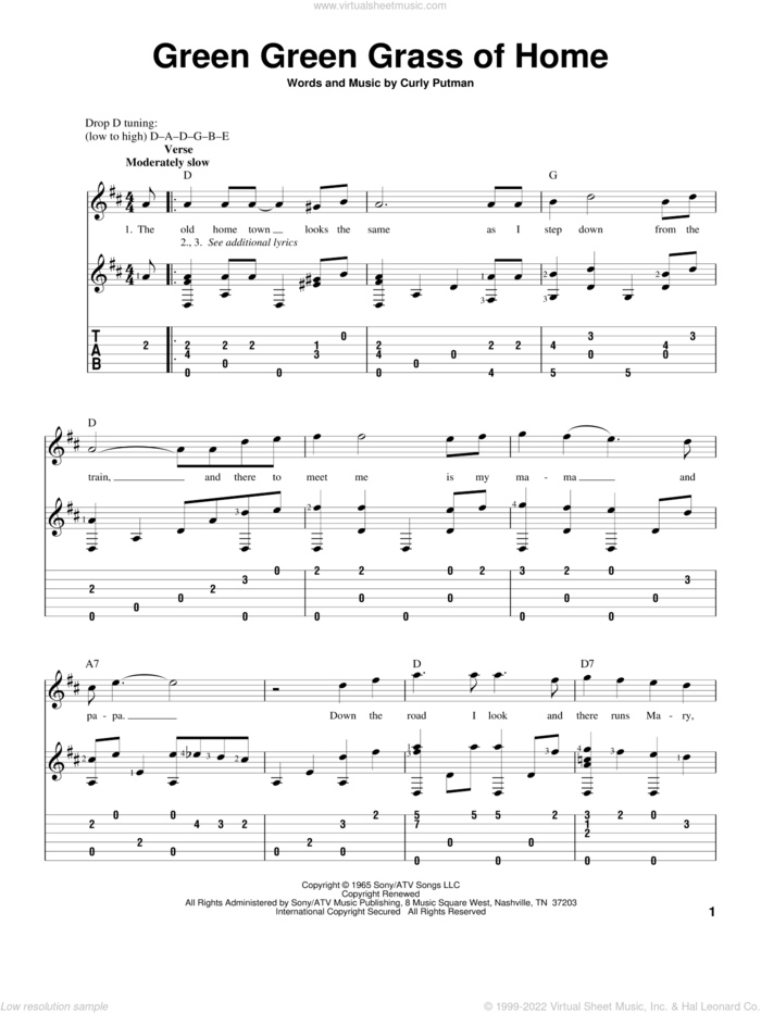 Green Green Grass Of Home sheet music for guitar solo by Porter Wagoner, Elvis Presley, Tom Jones and Curly Putman, intermediate skill level