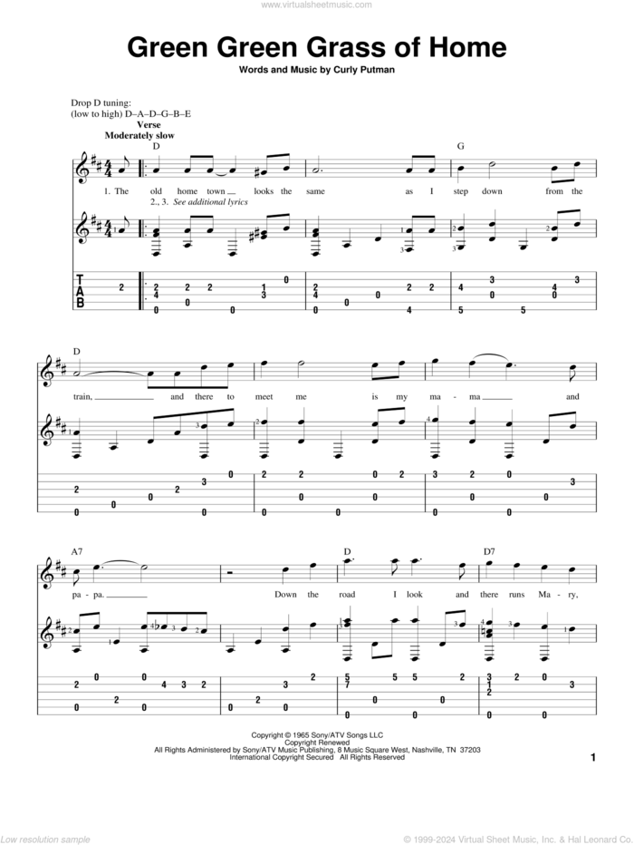 Green Green Grass Of Home sheet music for guitar solo by Porter Wagoner, Elvis Presley, Tom Jones and Curly Putman, intermediate skill level