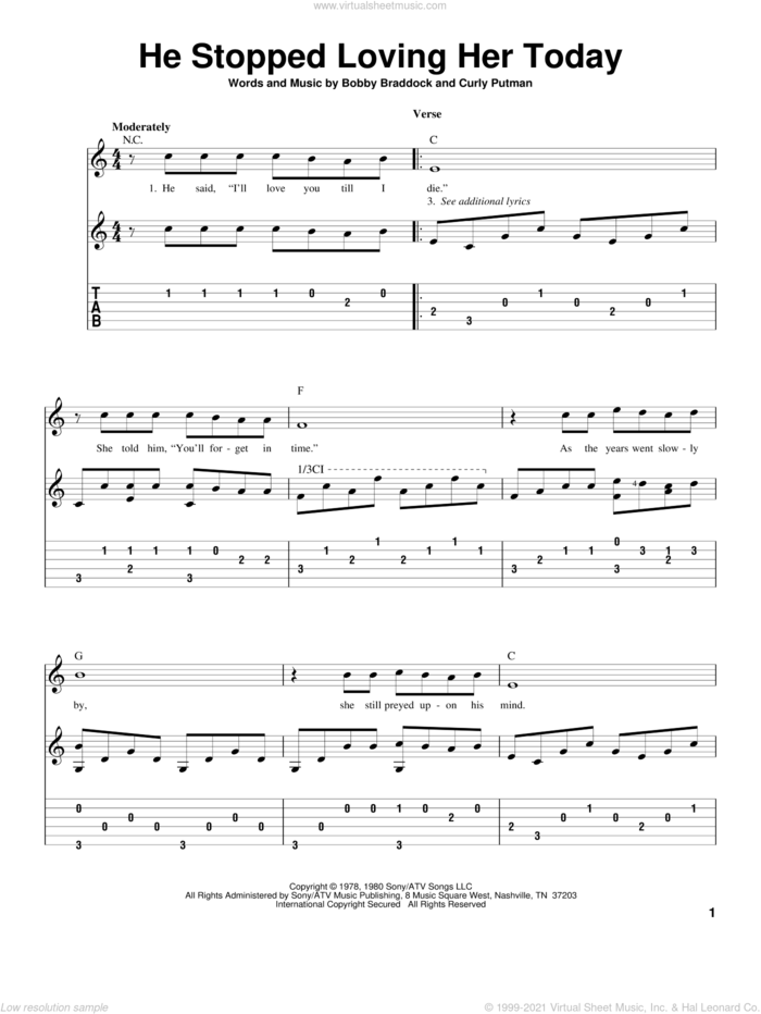 He Stopped Loving Her Today, (intermediate) sheet music for guitar solo by George Jones, Bobby Braddock and Curly Putman, intermediate skill level