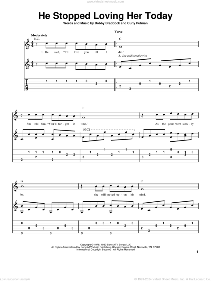 He Stopped Loving Her Today, (intermediate) sheet music for guitar solo by George Jones, Bobby Braddock and Curly Putman, intermediate skill level