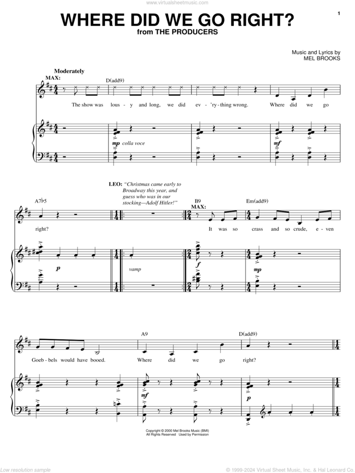 Where Did We Go Right? sheet music for voice and piano by Mel Brooks and The Producers (Musical), intermediate skill level