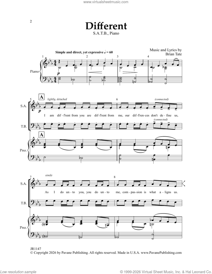 Different sheet music for choir (SATB: soprano, alto, tenor, bass) by Brian Tate, intermediate skill level