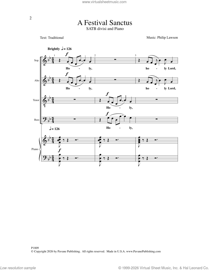 A Festival Sanctus sheet music for choir (SATB: soprano, alto, tenor, bass) by Philip Lawson, intermediate skill level