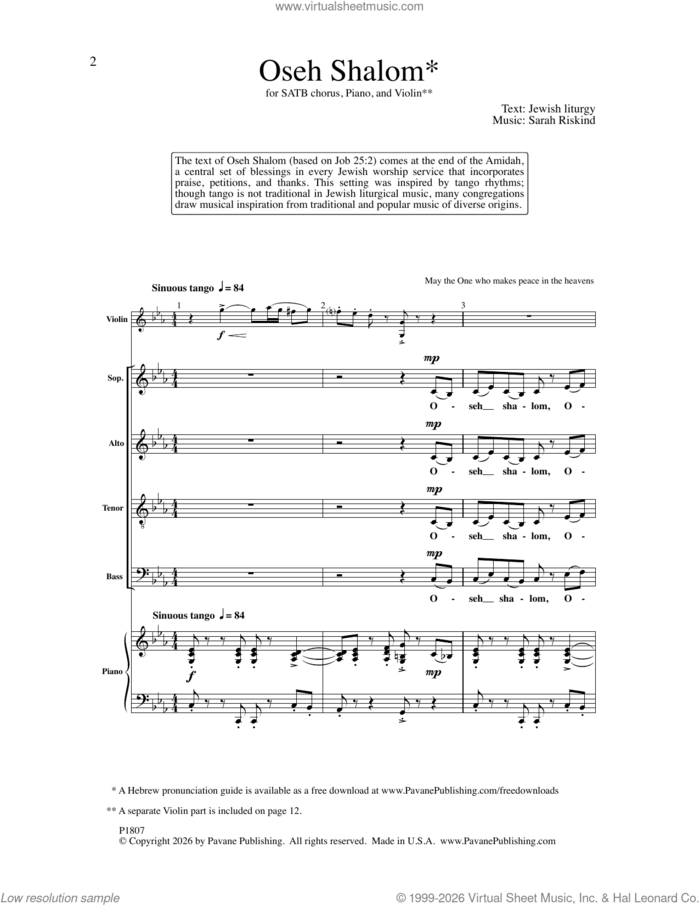 Oseh Shalom sheet music for choir (SATB: soprano, alto, tenor, bass) by Sarah Riskind, intermediate skill level