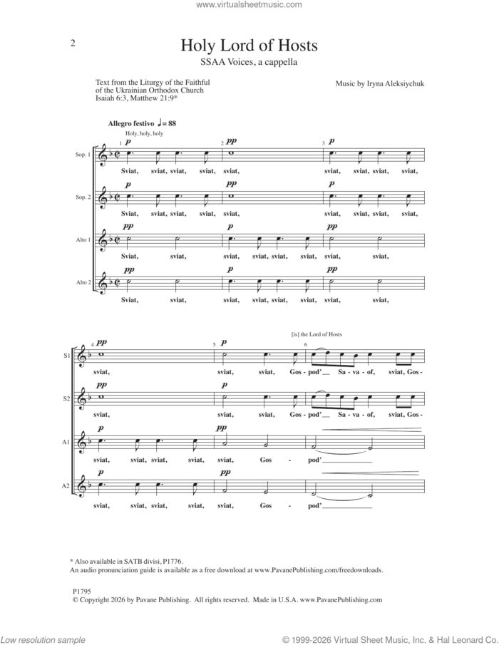 Holy Lord Of Hosts sheet music for choir (SSAA: soprano, alto) by Iryna Aleksiychuk, intermediate skill level