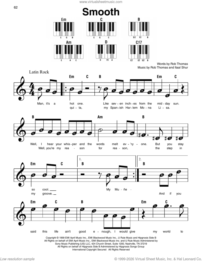 Smooth (feat. Rob Thomas) sheet music for piano solo by Rob Thomas, Carlos Santana and Itaal Shur, beginner skill level