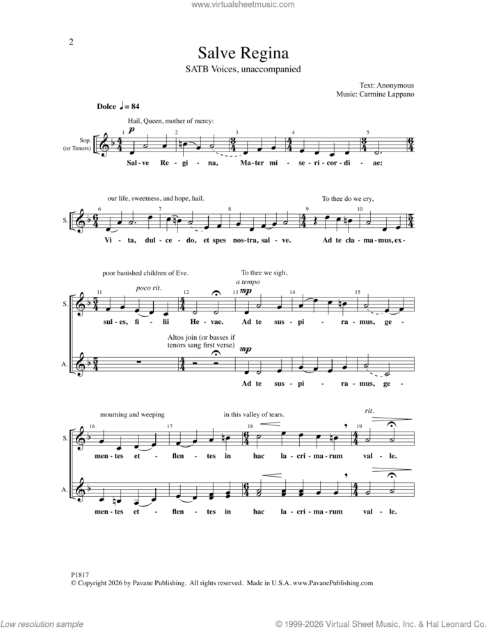 Salve Regina sheet music for choir (SATB: soprano, alto, tenor, bass) by Carmine Lappano, intermediate skill level