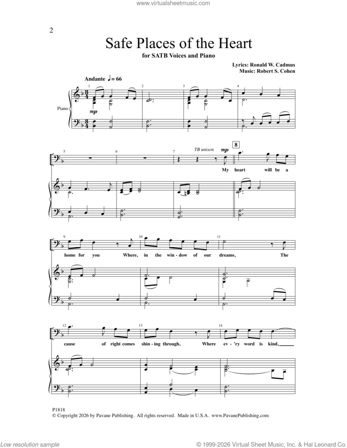 Safe Places Of The Heart sheet music for choir (SATB: soprano, alto, tenor, bass) by Robert S. Cohen and Ronald W. Cadmus, intermediate skill level