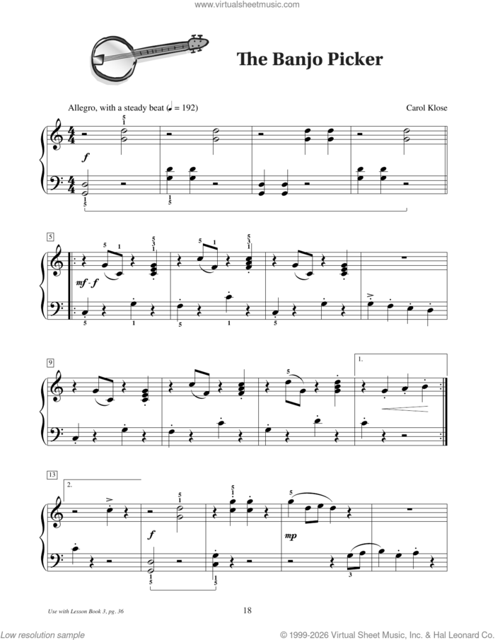 The Banjo Picker sheet music for piano solo (elementary) by Carol Klose, beginner piano (elementary)