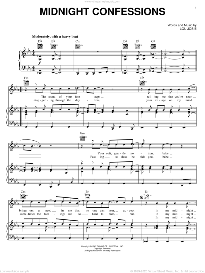 Midnight Confessions sheet music for voice, piano or guitar by The Grass Roots and Lou Josie, intermediate skill level