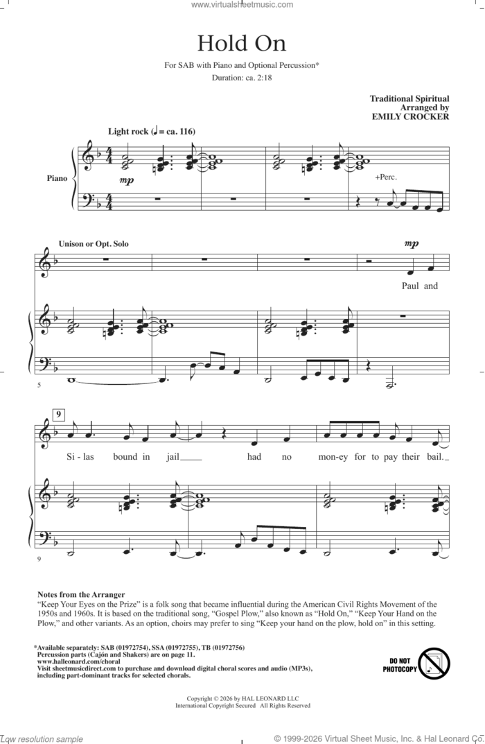Hold On (arr. Emily Crocker) sheet music for choir (SAB: soprano, alto, bass)  and Emily Crocker, intermediate skill level