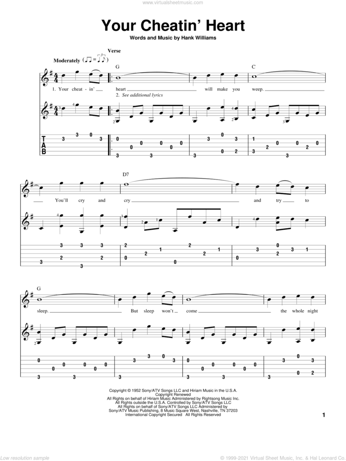 Your Cheatin' Heart sheet music for guitar solo by Hank Williams and Patsy Cline, intermediate skill level