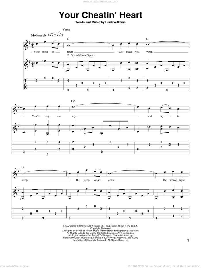 Your Cheatin' Heart sheet music for guitar solo by Hank Williams and Patsy Cline, intermediate skill level