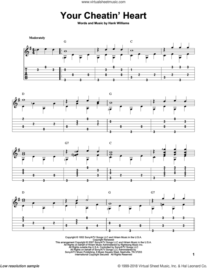Your Cheatin' Heart sheet music for guitar solo by Hank Williams, David Hamburger and Patsy Cline, intermediate skill level