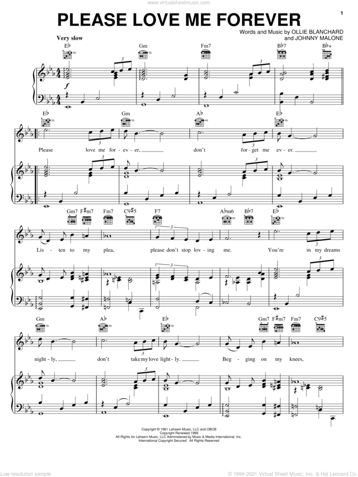 Please Love Me Forever sheet music for voice, piano or guitar by Cathy Jean & The Roommates, Bobby Vinton, Mickey Gilley, Johnny Malone and Ollie Blanchard, wedding score, intermediate skill level