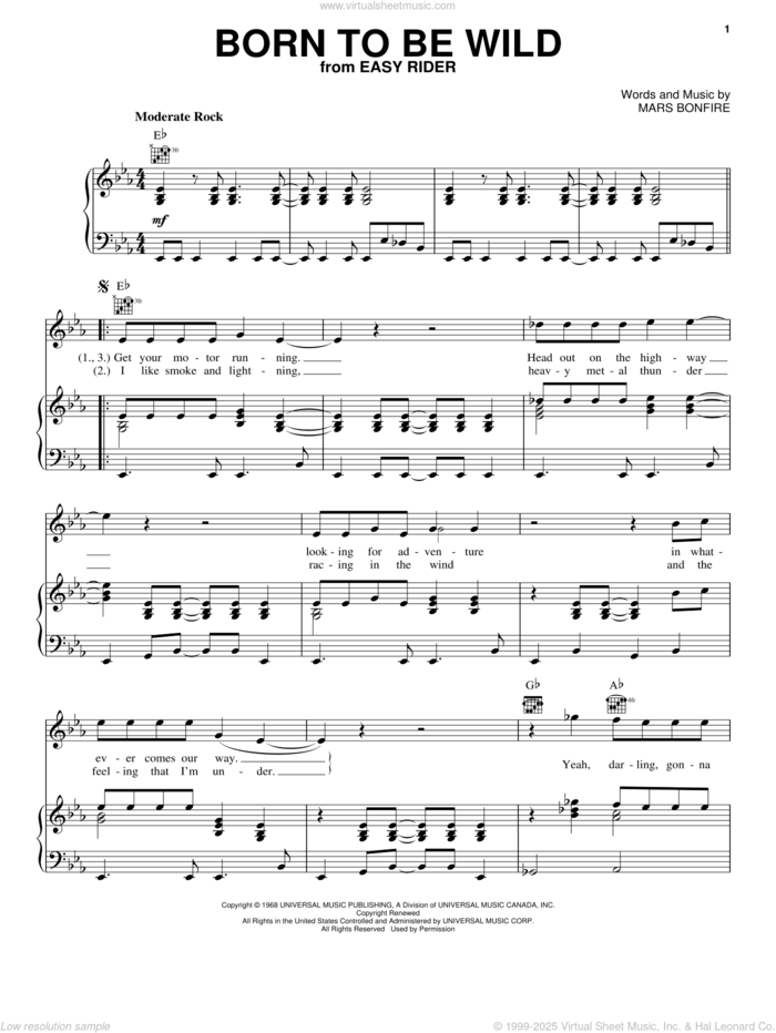 Born To Be Wild sheet music for voice, piano or guitar by Steppenwolf, John Kay and Mars Bonfire, intermediate skill level