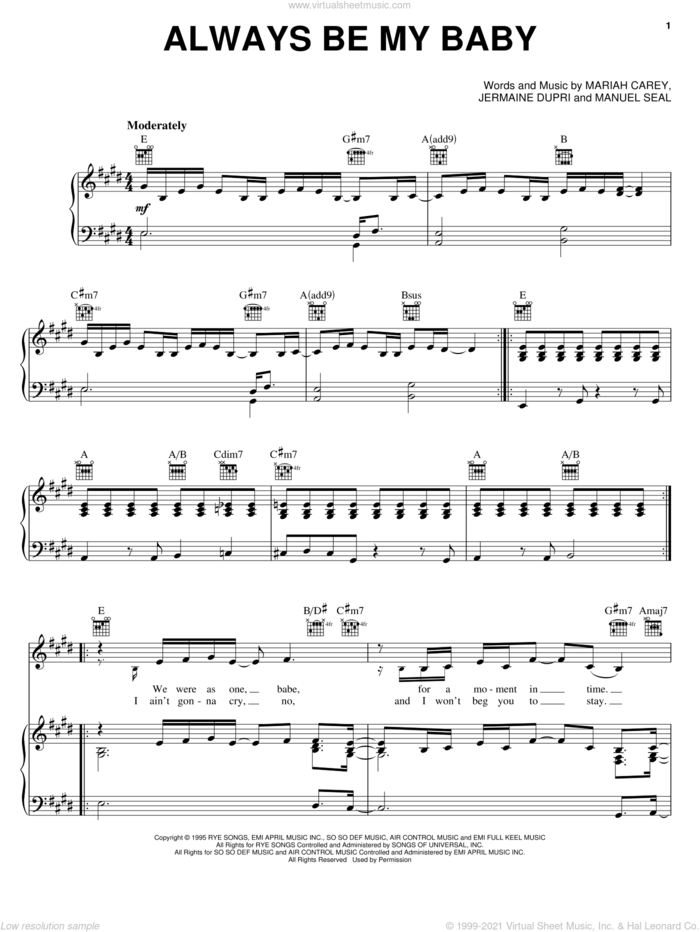 Always Be My Baby sheet music for voice, piano or guitar by Mariah Carey, Jermaine Dupri and Manuel Seal, wedding score, intermediate skill level