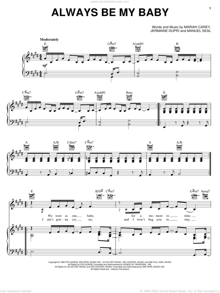 Always Be My Baby sheet music for voice, piano or guitar by Mariah Carey, Jermaine Dupri and Manuel Seal, wedding score, intermediate skill level