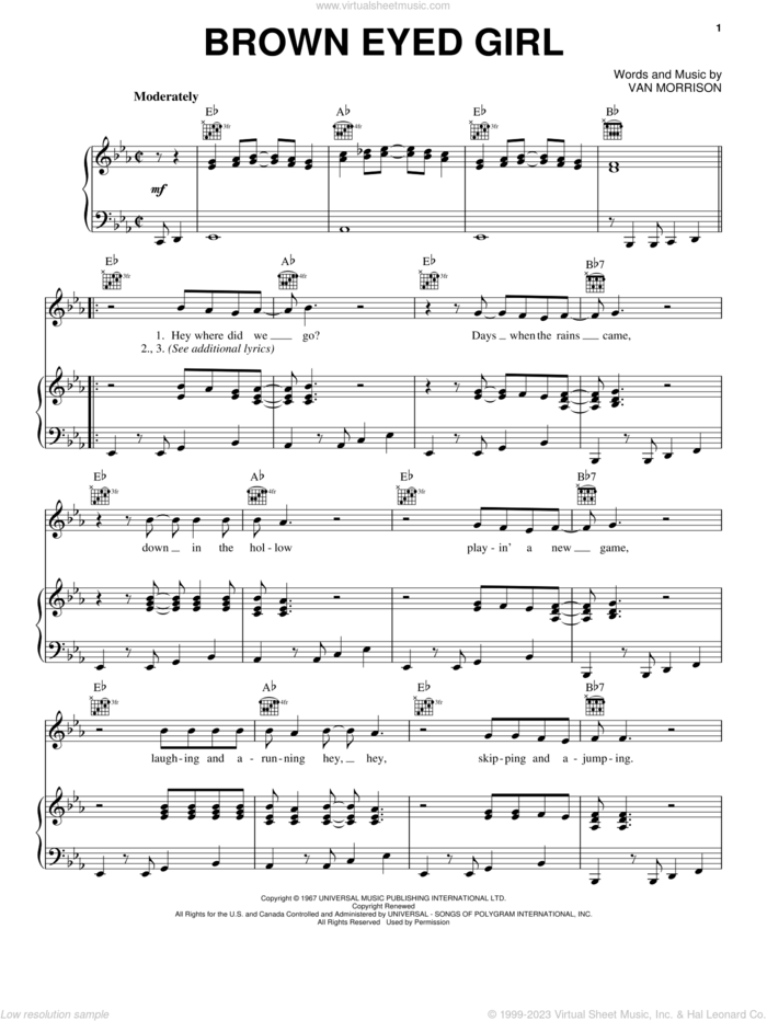 Brown Eyed Girl sheet music for voice, piano or guitar by Van Morrison, intermediate skill level