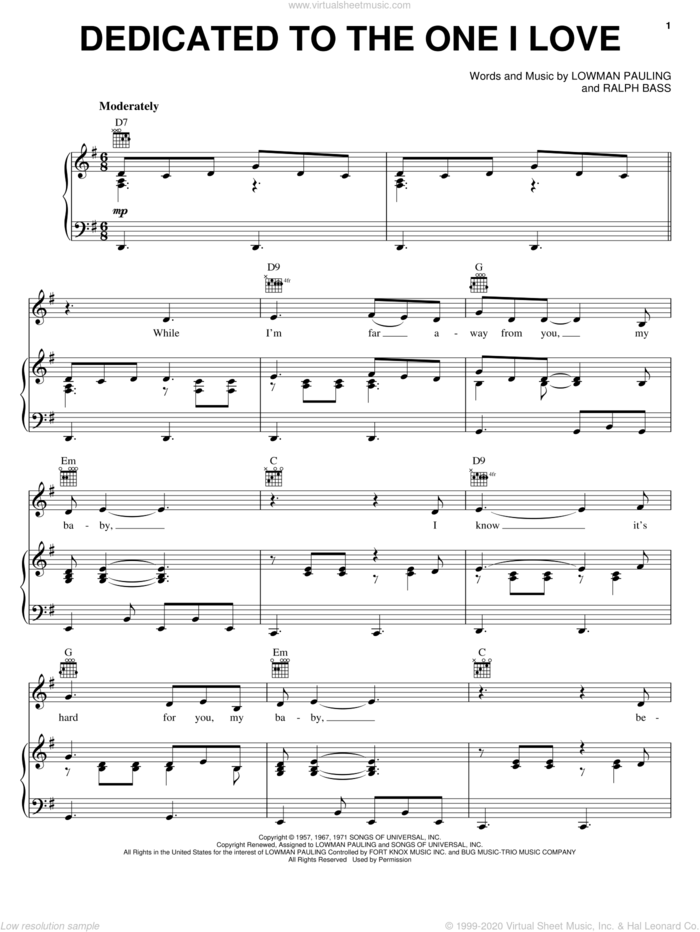 Dedicated To The One I Love sheet music for voice, piano or guitar by The Shirelles, Bitty McLean, The Mamas & The Papas, The Temprees, Lowman Pauling and Ralph Bass, intermediate skill level