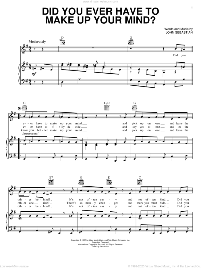 Did You Ever Have To Make Up Your Mind? sheet music for voice, piano or guitar by The Lovin' Spoonful and John Sebastian, intermediate skill level