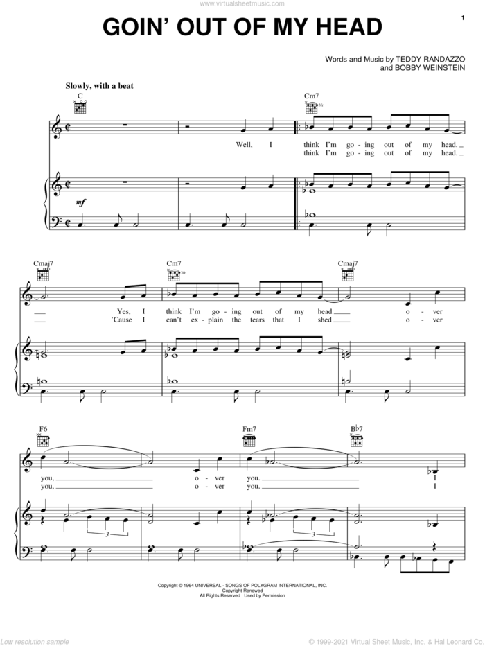Goin' Out Of My Head sheet music for voice, piano or guitar by Little Anthony & The Imperials, Cilla Black, Luther Vandross, The Lettermen, The Zombies, Bobby Weinstein and Teddy Randazzo, intermediate skill level