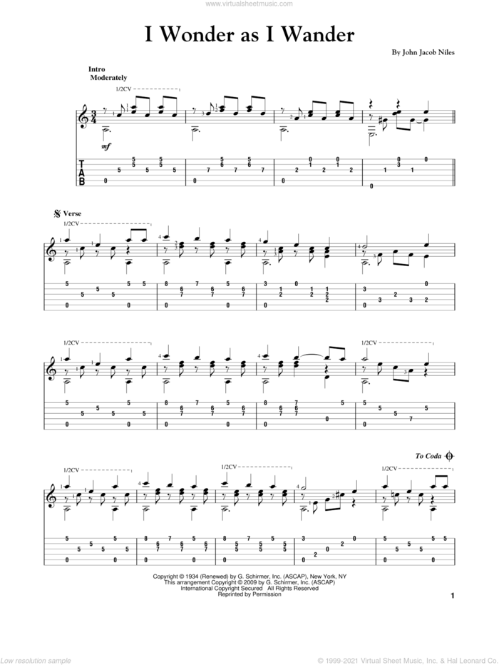 I Wonder As I Wander sheet music for guitar solo by John Jacob Niles, intermediate skill level