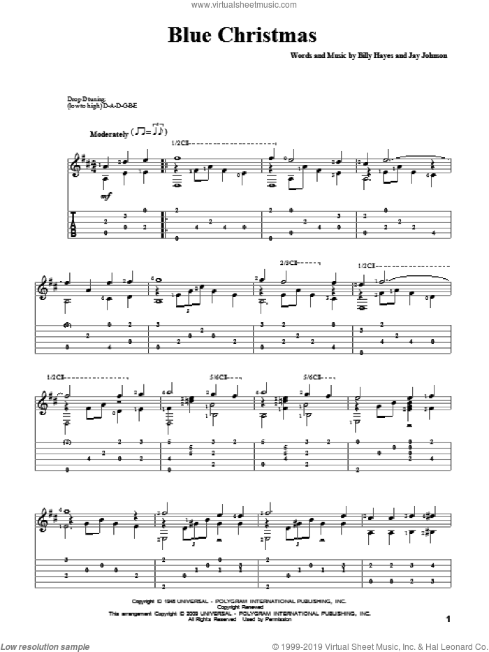 Blue Christmas sheet music for guitar solo by Elvis Presley, Billy Hayes and Jay Johnson, intermediate skill level