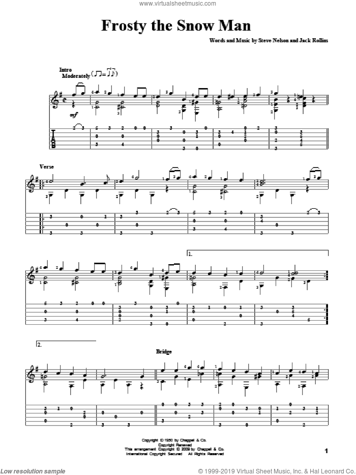 Frosty The Snow Man sheet music for guitar solo by Gene Autry, Jack Rollins and Steve Nelson, intermediate skill level