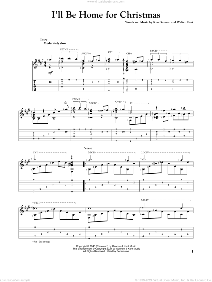 I'll Be Home For Christmas sheet music for guitar solo by Bing Crosby, Kim Gannon and Walter Kent, intermediate skill level