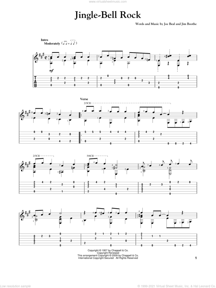 Jingle-Bell Rock, (intermediate) sheet music for guitar solo by Bobby Helms, Jim Boothe and Joe Beal, intermediate skill level