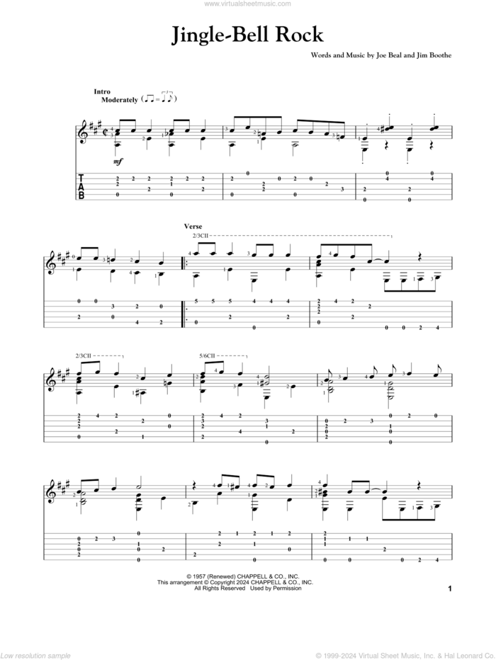 Jingle-Bell Rock, (intermediate) sheet music for guitar solo by Bobby Helms, Jim Boothe and Joe Beal, intermediate skill level